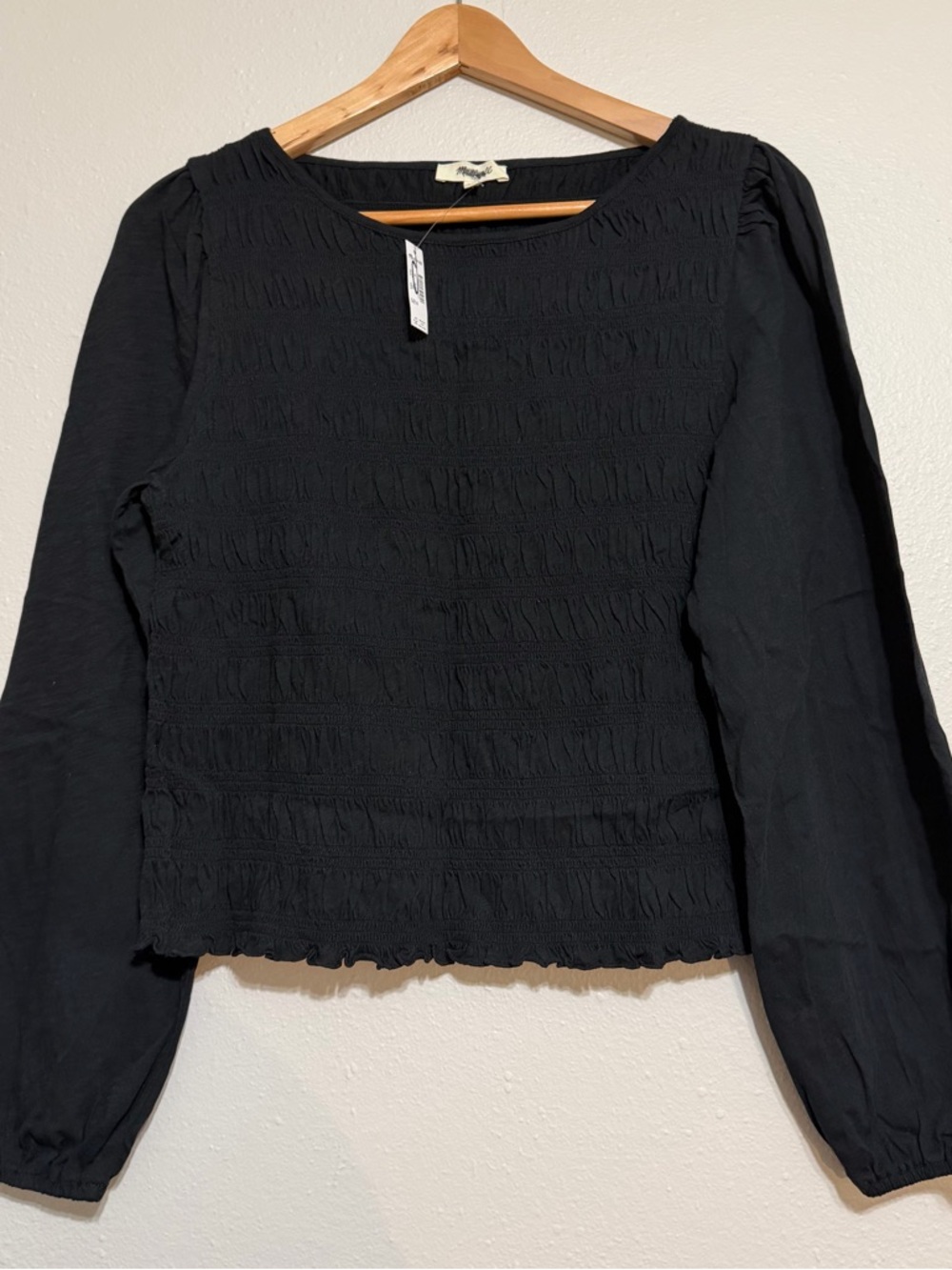 Madewell Black Smocked Long-Sleeve Blouse 100% COTTON